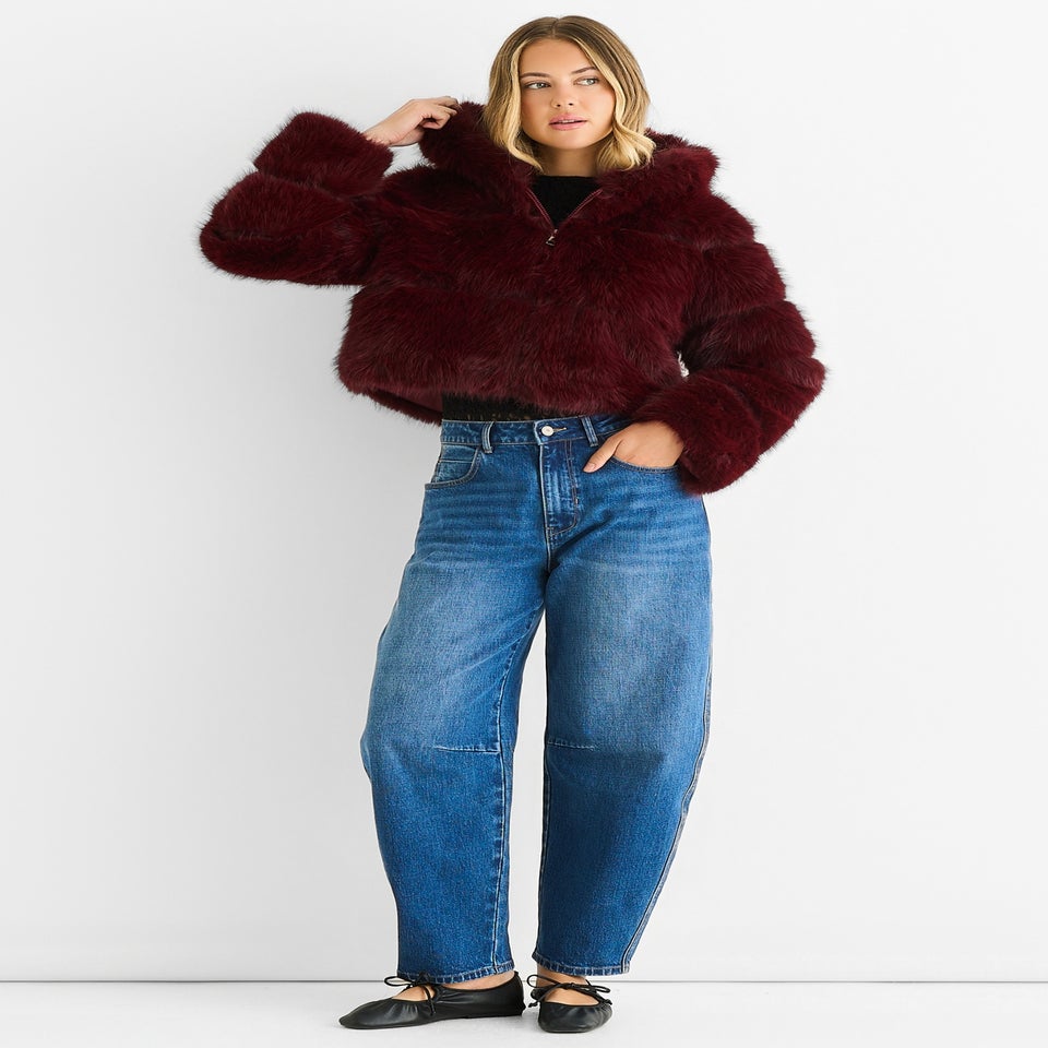 Gini London Burgundy Panel Faux Fur  Zip Front Jacket
