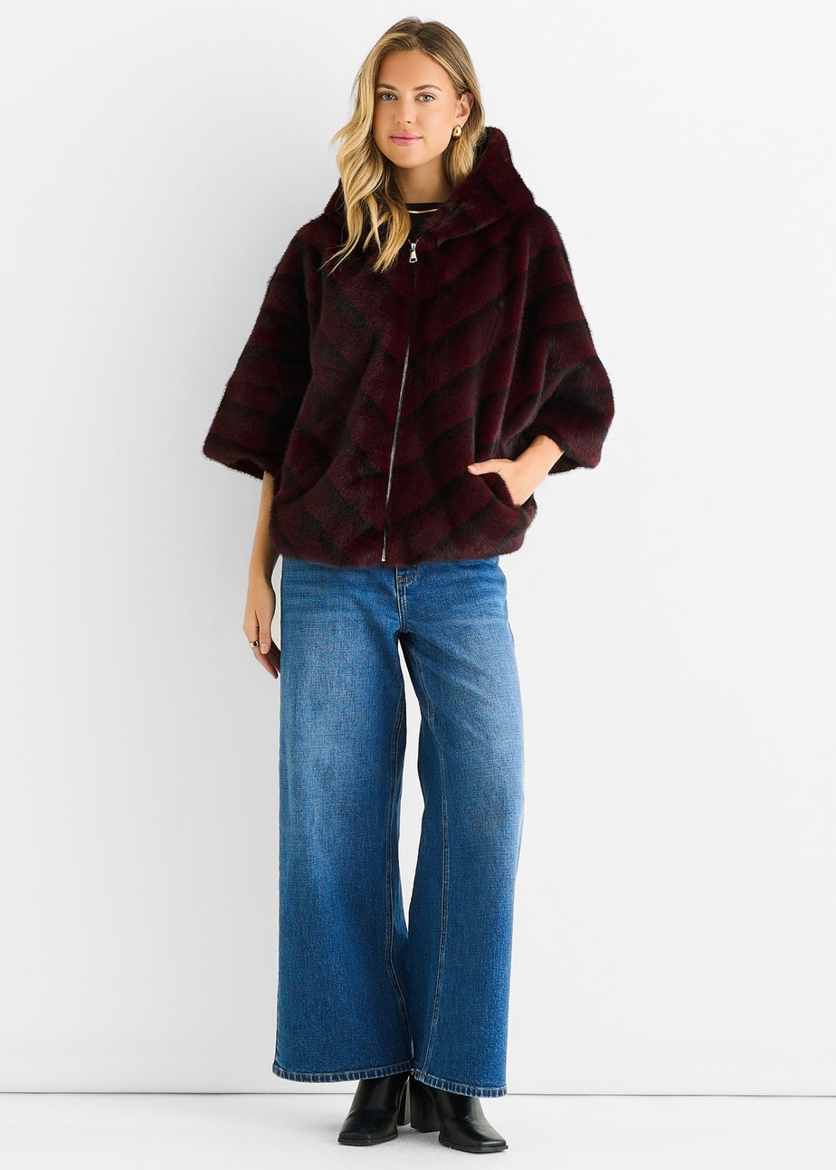 Gini London Burgundy Hooded Chevron Faux Fur Cape Jacket