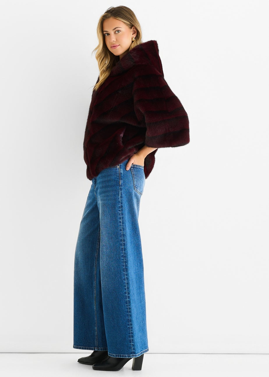 Gini London Burgundy Hooded Chevron Faux Fur Cape Jacket