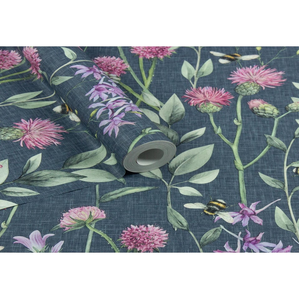 Arthouse Bumblebee Meadow Navy Wallpaper