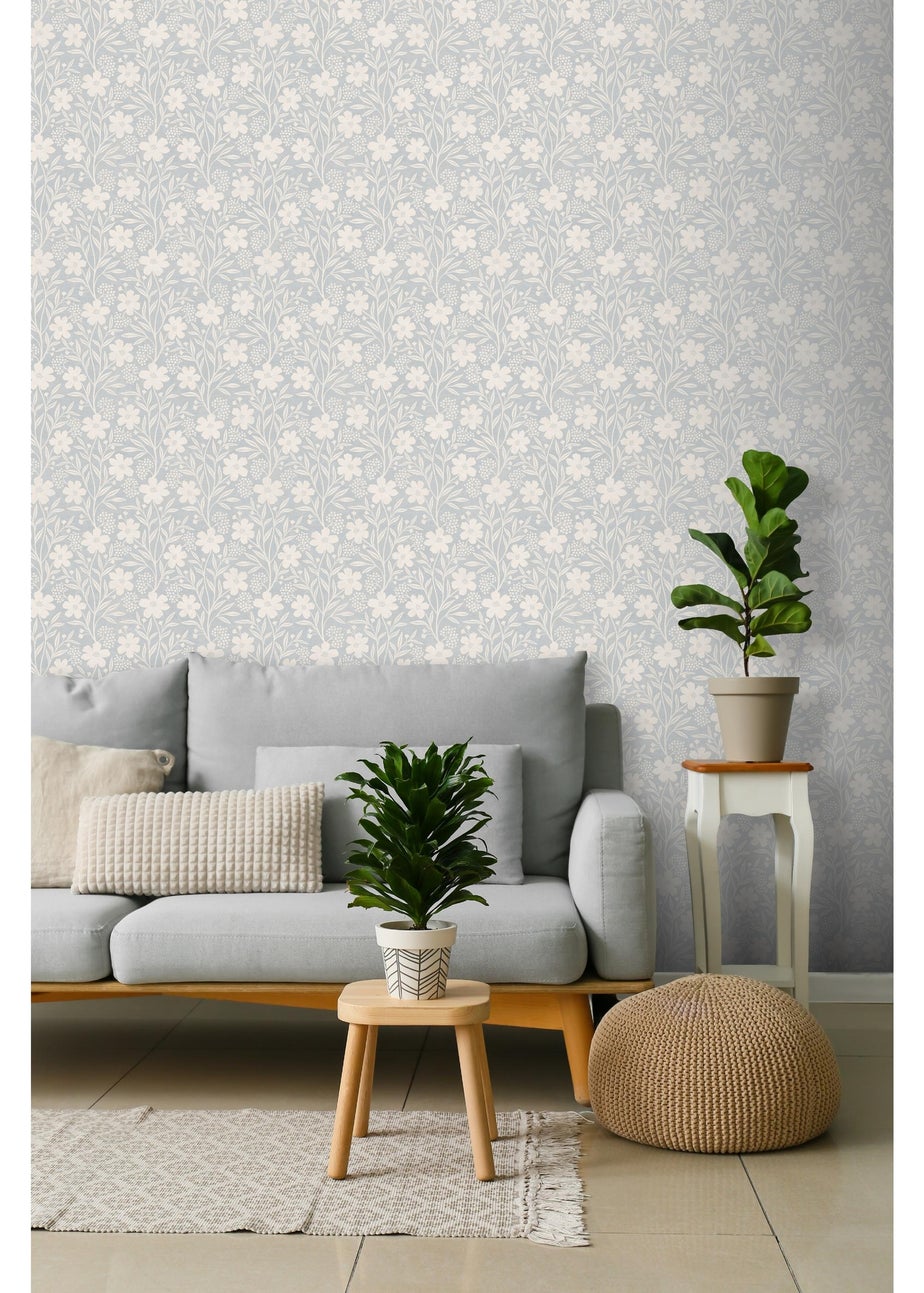 Arthouse Berry Floral Soft Blue Wallpaper