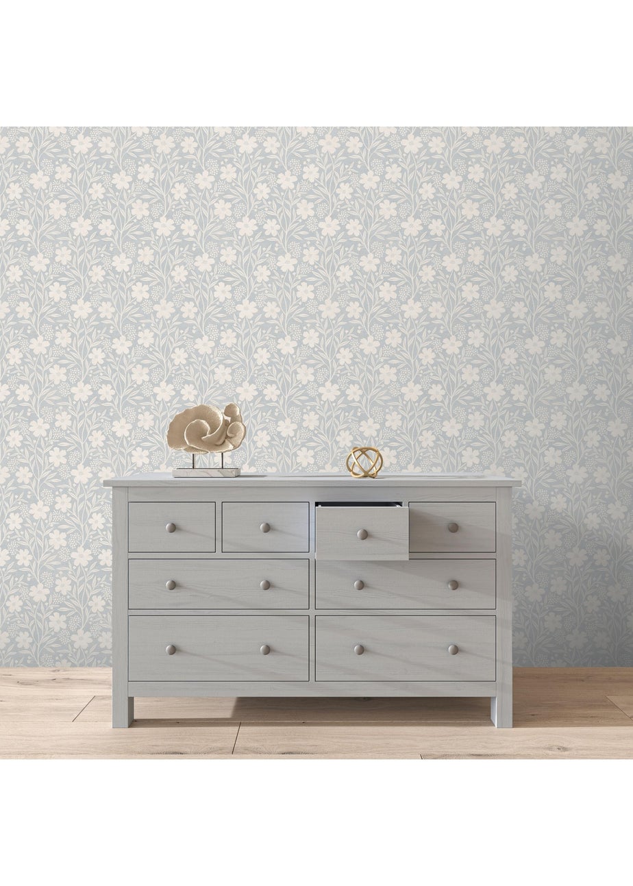 Arthouse Berry Floral Soft Blue Wallpaper