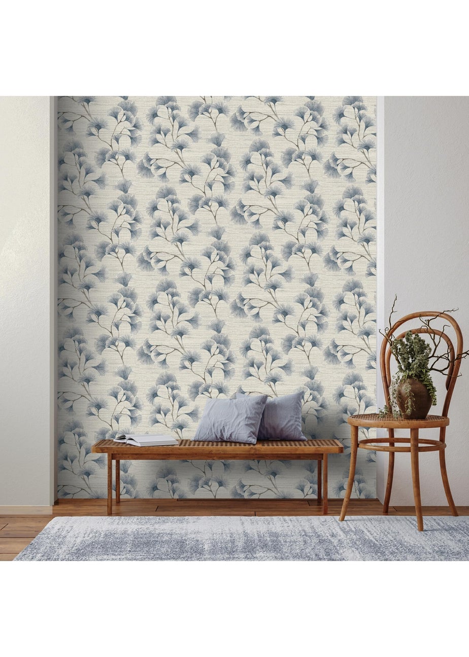 Arthouse Ginkgo Leaf Trail Blue/Grey Wallpaper