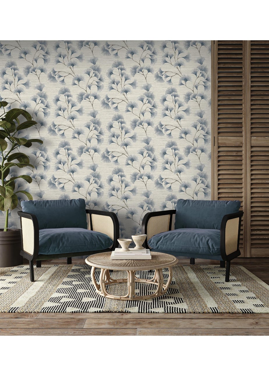 Arthouse Ginkgo Leaf Trail Blue/Grey Wallpaper