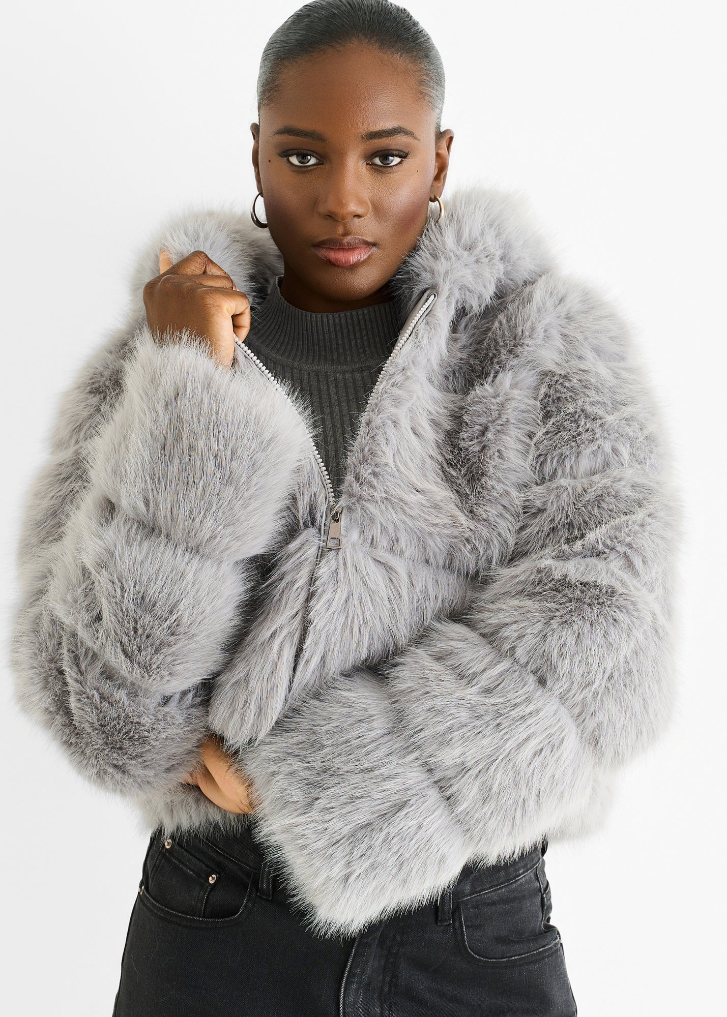 Gini London Light Grey Panel Faux Fur Zip Front Jacket - Matalan