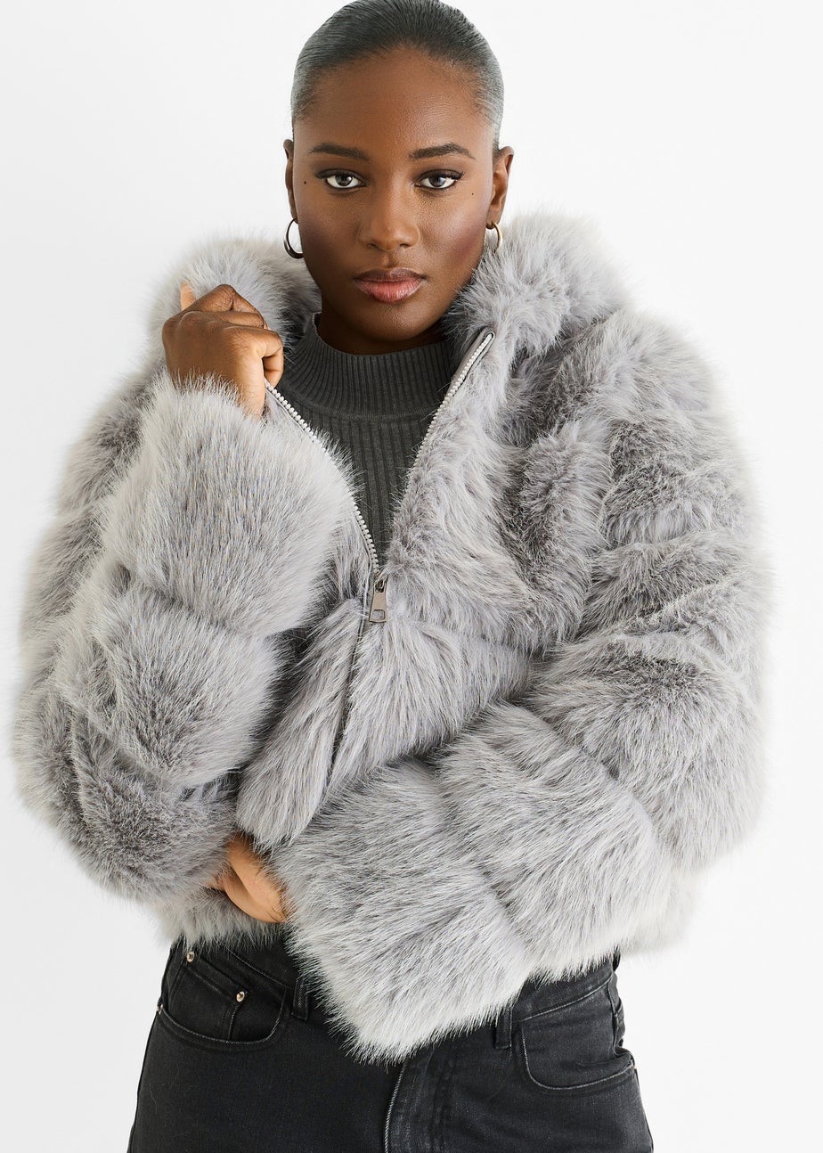 Gini London Light Grey Panel Faux Fur  Zip Front Jacket