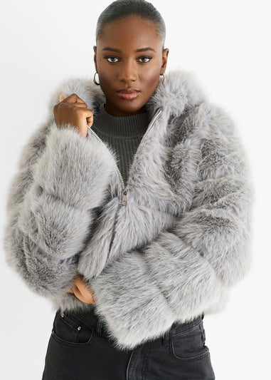 Gini London Light Grey Panel Faux Fur  Zip Front Jacket