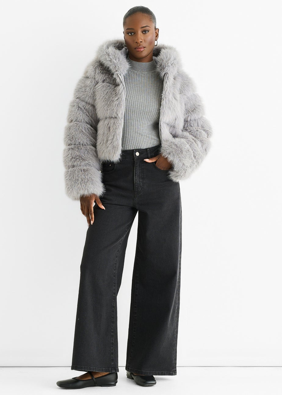 Gini London Light Grey Panel Faux Fur  Zip Front Jacket