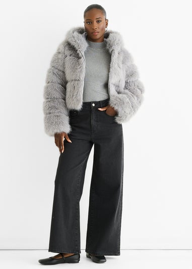Gini London Light Grey Panel Faux Fur  Zip Front Jacket