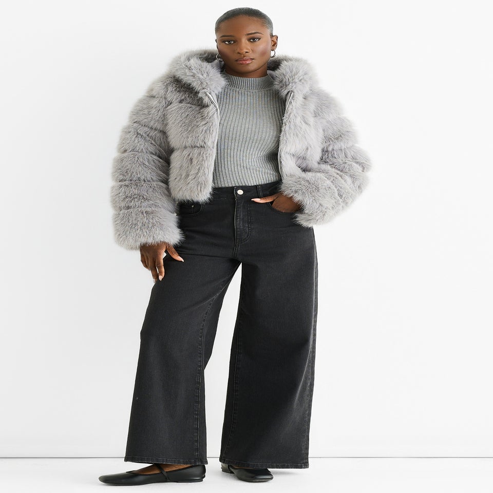 Gini London Light Grey Panel Faux Fur  Zip Front Jacket