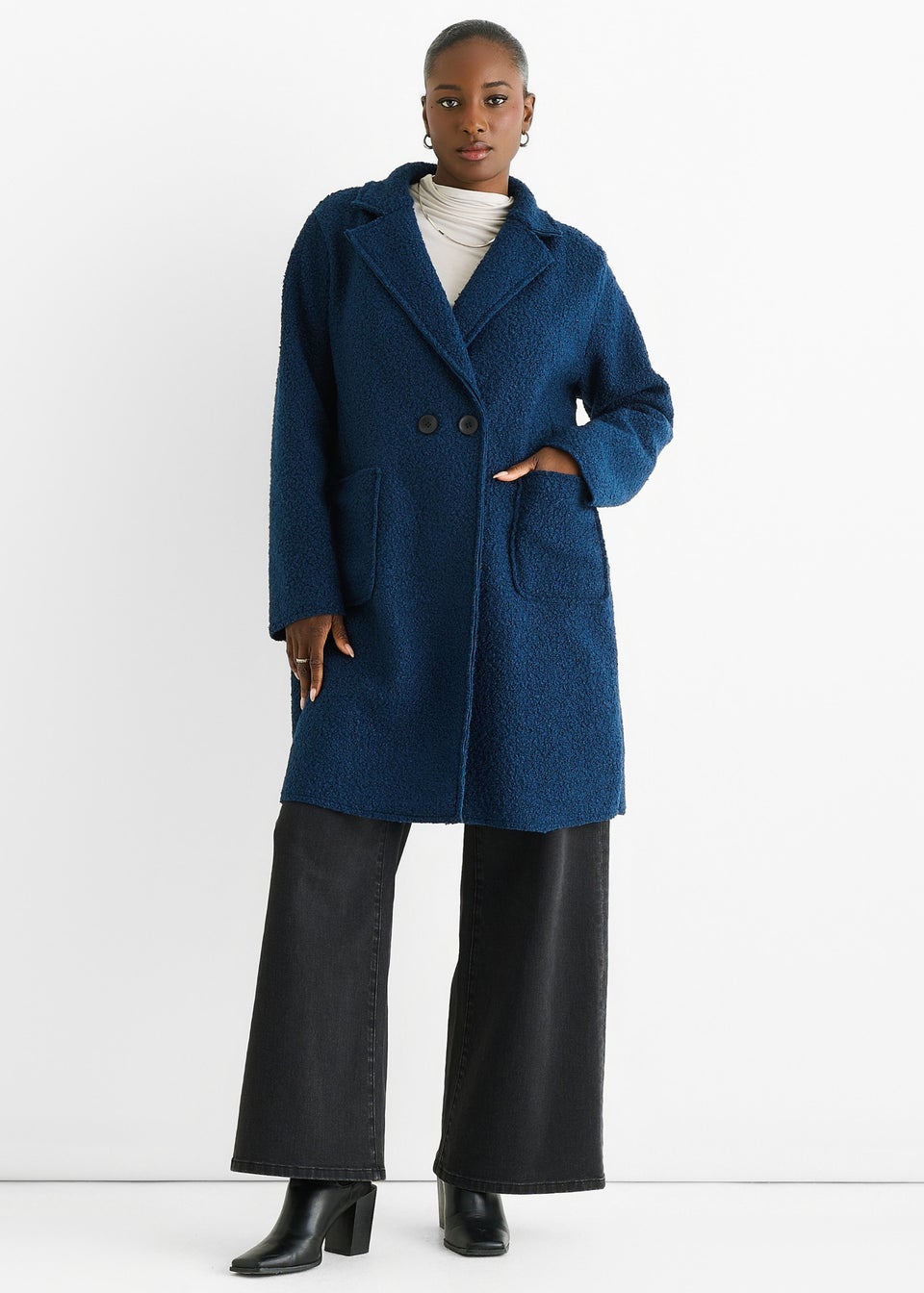 Gini London Navy Shearling Mid Length Double Breasted Jacket