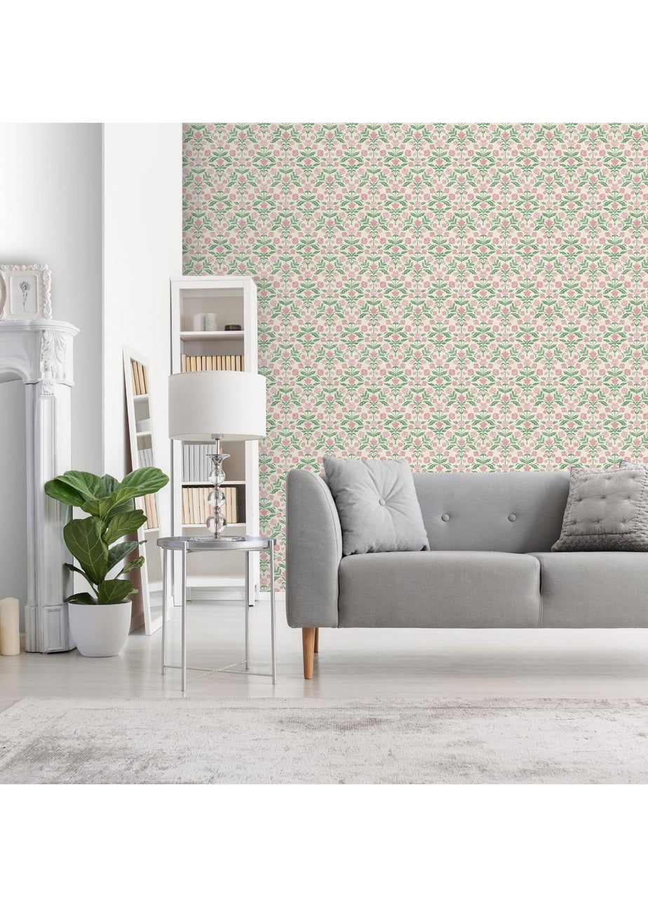Arthouse Modern Floral Damask Green / Pink Wallpaper