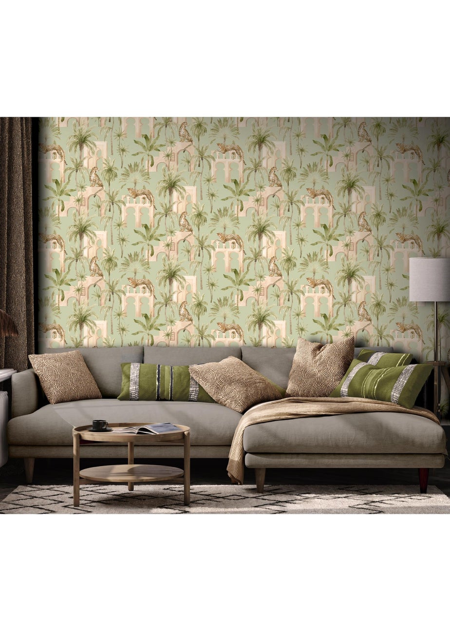Arthouse Leopard Arches Sage Green Wallpaper