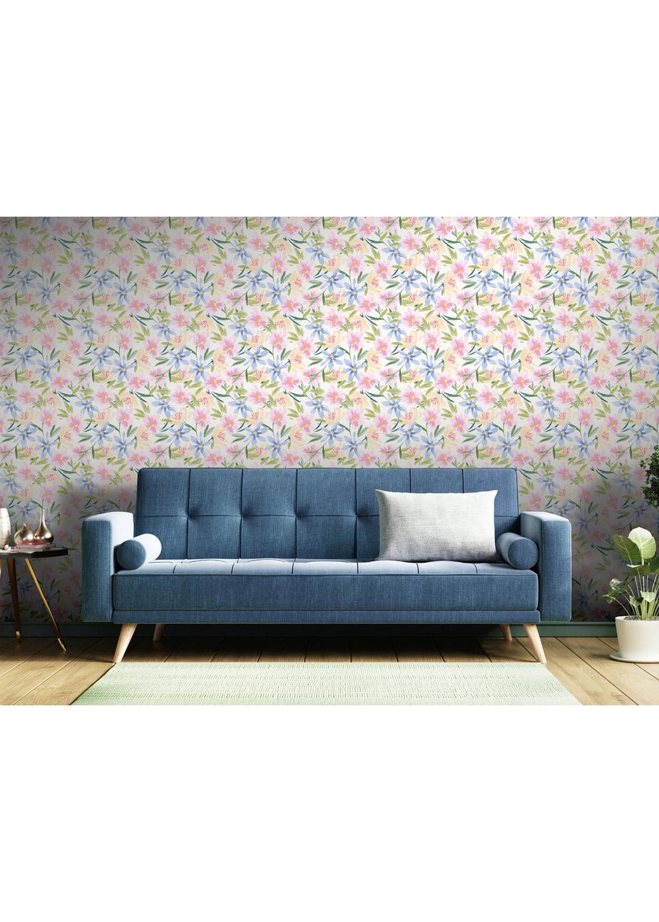 Arthouse Watercolour Floral White Wallpaper