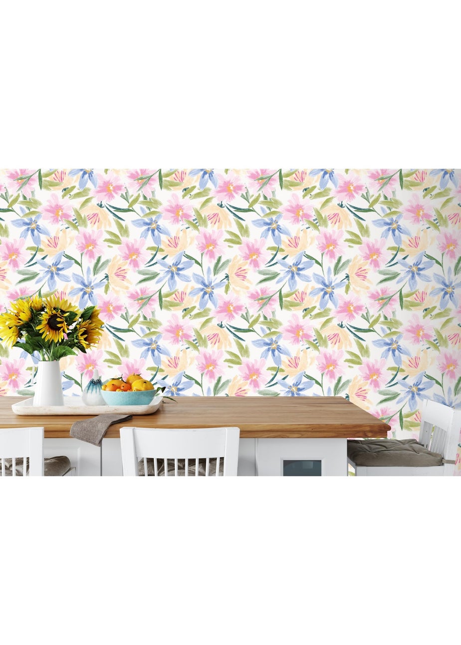 Arthouse Watercolour Floral White Wallpaper