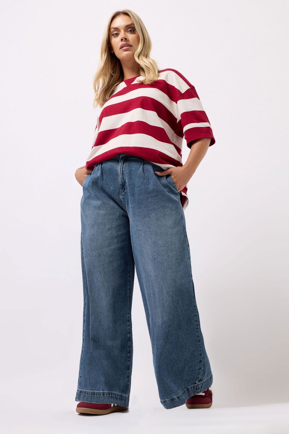 Yours Mid Blue Pleated Wide Leg Jeans