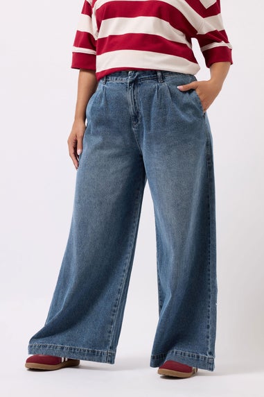 Yours Mid Blue Pleated Wide Leg Jeans