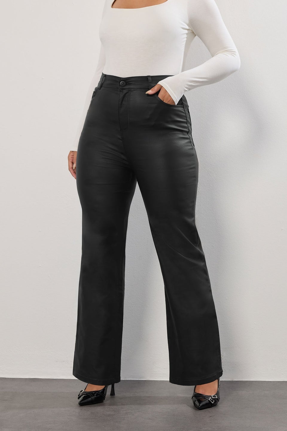 Yours Black Coated Wide Leg Trousers