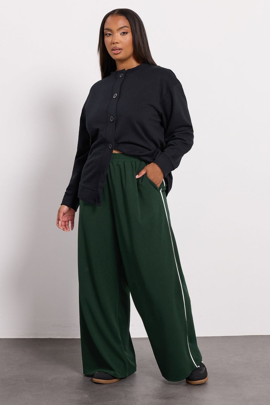 Yours Curve Forest Green Side Stripe Wide Leg Trousers