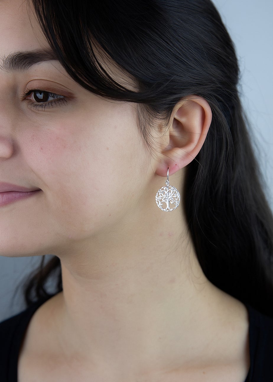 Golden Moments Sterling Silver Diamond Cut 'Tree of Life' Disc Drop Earrings