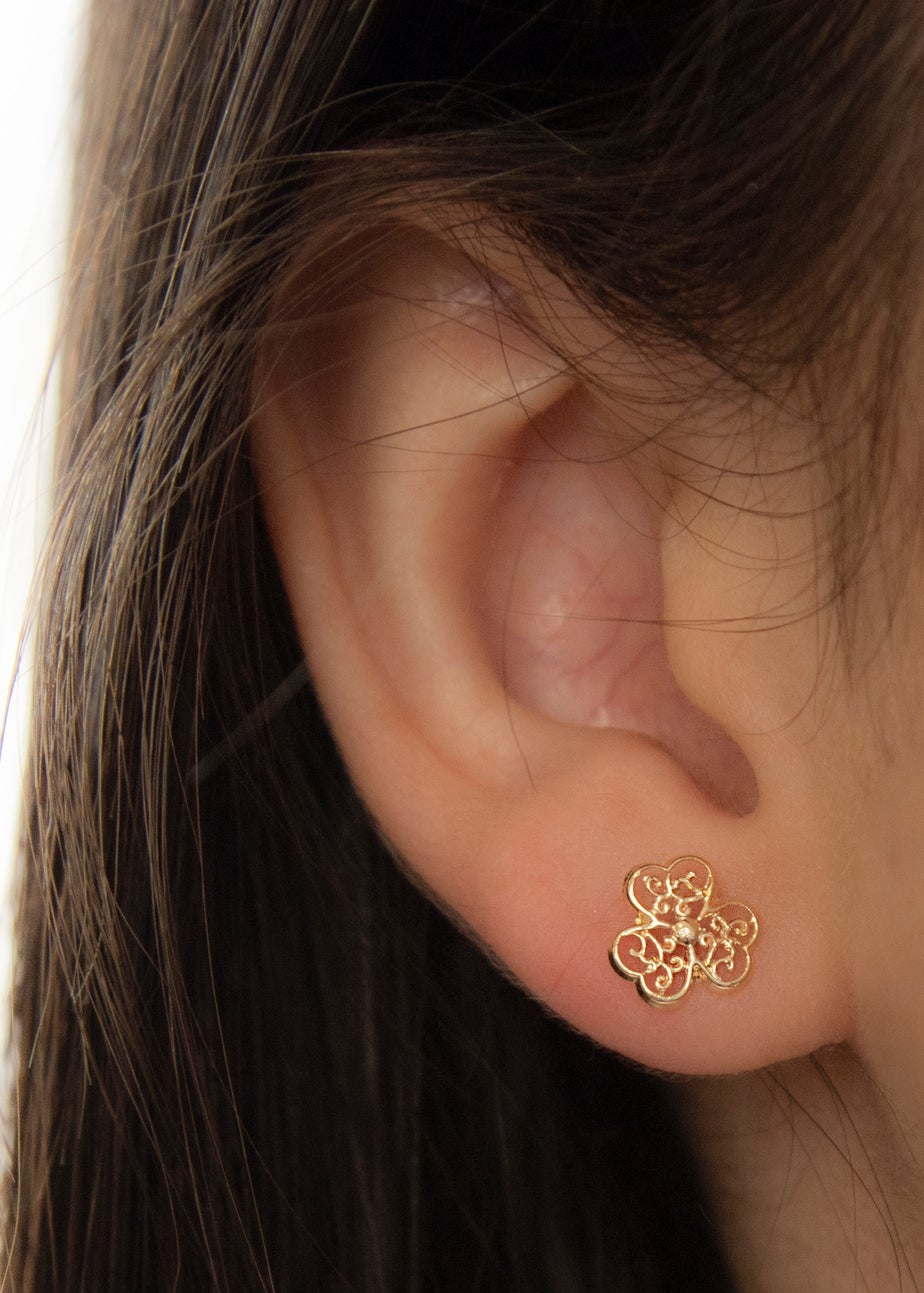 Golden Moments 9ct Yellow Gold Filigree Shamrock Stud Earrings