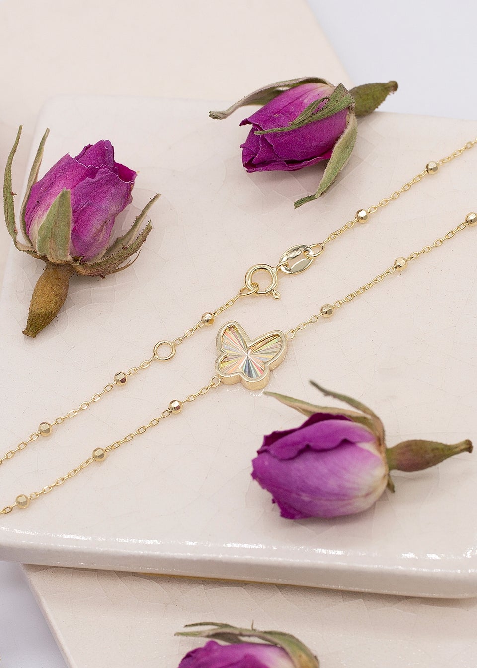 Golden Moments 9ct Yellow Gold Rainbow Butterfly Adjustable Trace and Ball Bracelet 7-7.5 inch