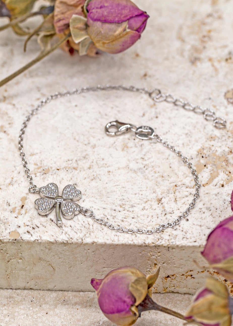 Golden Moments Sterling Silver Rhodium Plated CZ Clover Bracelet
