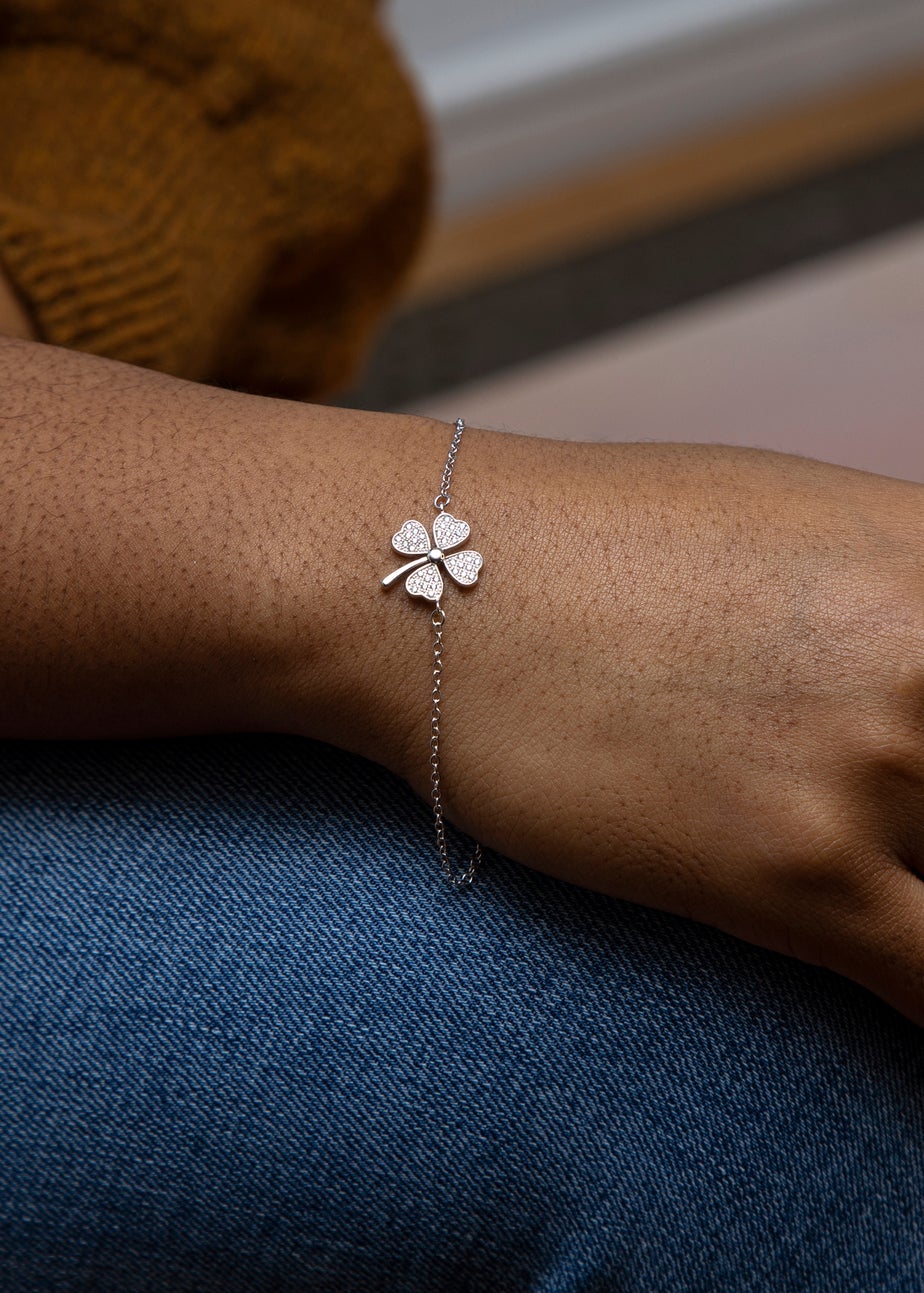 Golden Moments Sterling Silver Rhodium Plated CZ Clover Bracelet