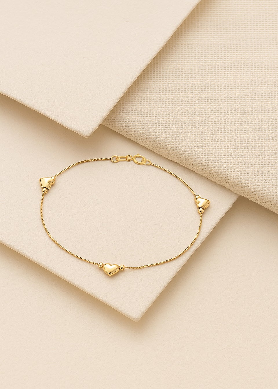 Golden Moments 9ct Yellow Gold 3-Heart Charm Box Chain Bracelet 18cm/7'