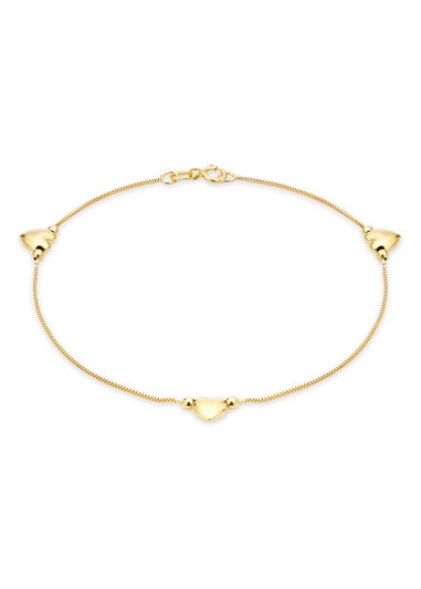 Golden Moments 9ct Yellow Gold 3-Heart Charm Box Chain Bracelet 18cm/7'