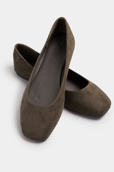 Yours Chocolate Brown Faux Suede Square Toe Ballet Pumps In Extra Wide Fit
