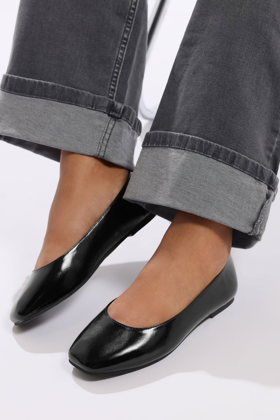 Yours Black Faux Leather Square Toe Ballet Pumps In Extra Wide Fit