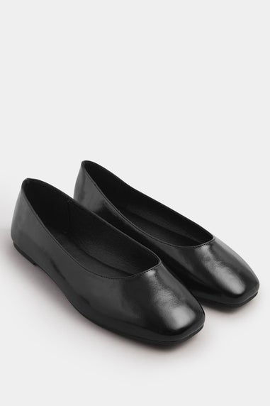 Yours Black Faux Leather Square Toe Ballet Pumps In Extra Wide Fit