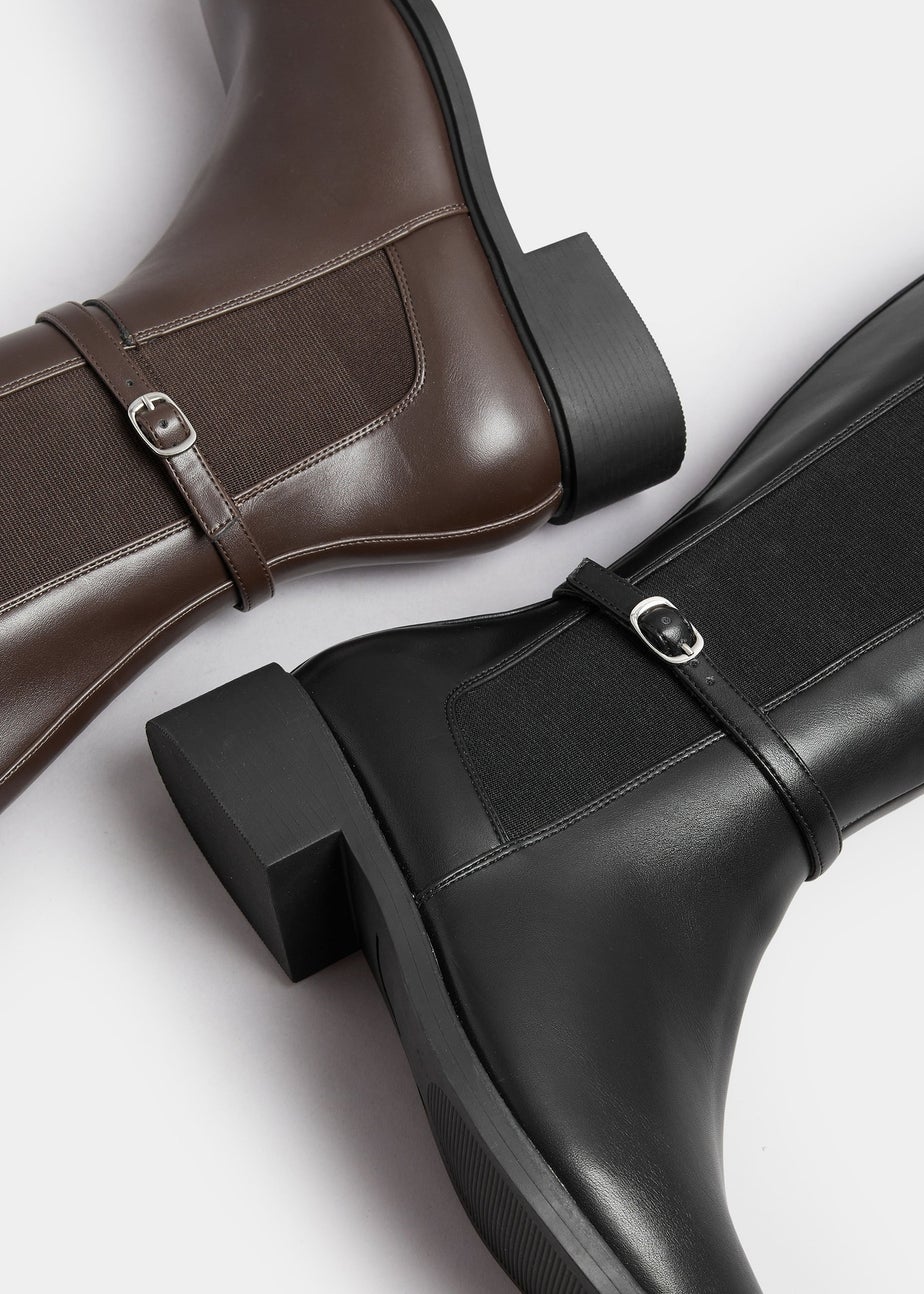 Yours Curve Black Faux Leather Buckle Knee High Riding Boots In Extra Wide Fit