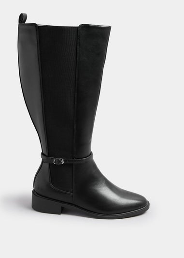 Yours Curve Black Faux Leather Buckle Knee High Riding Boots In Extra Wide Fit