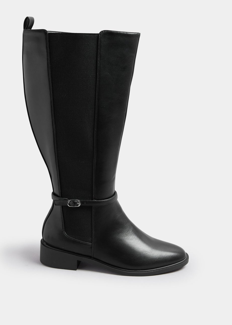Yours Curve Black Faux Leather Buckle Knee High Riding Boots In Extra Wide Fit