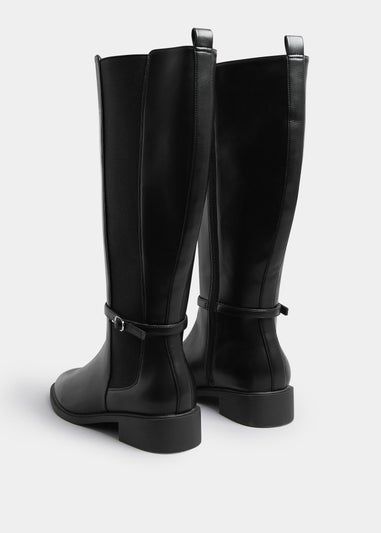 Yours Curve Black Faux Leather Buckle Knee High Riding Boots In Extra Wide Fit