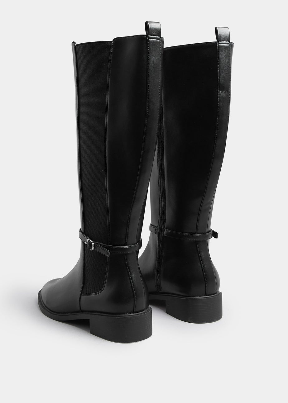 Yours Curve Black Faux Leather Buckle Knee High Riding Boots In Extra Wide Fit