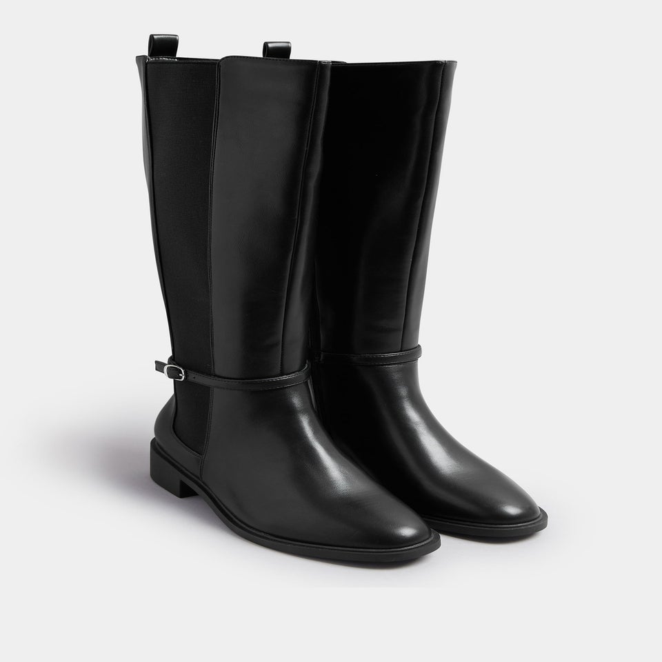 Yours Curve Black Faux Leather Buckle Knee High Riding Boots In Extra Wide Fit