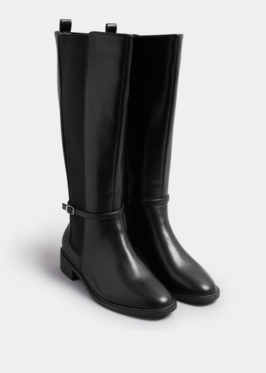 Yours Curve Black Faux Leather Buckle Knee High Riding Boots In Extra Wide Fit