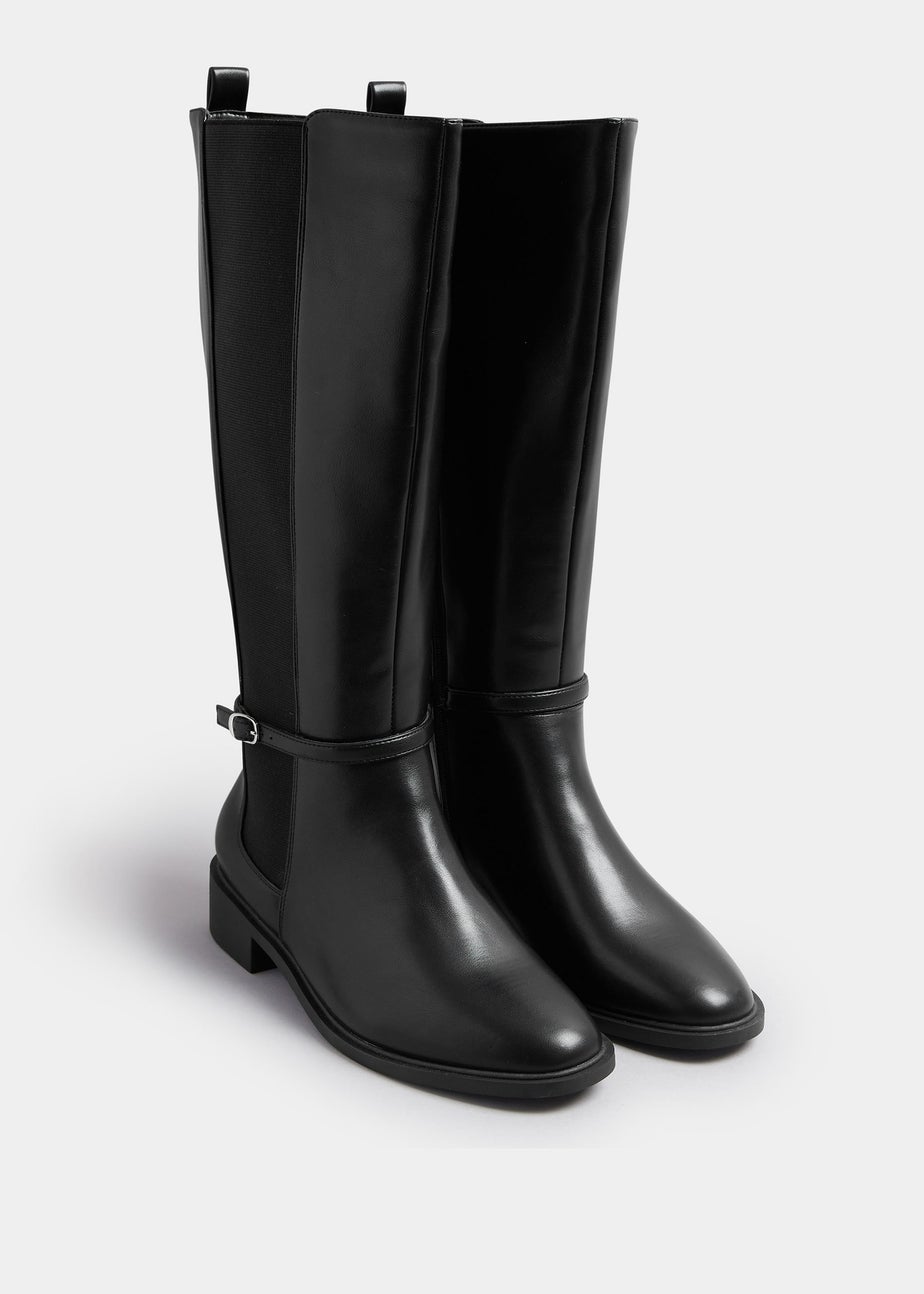 Yours Curve Black Faux Leather Buckle Knee High Riding Boots In Extra Wide Fit