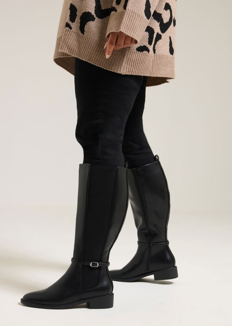 Yours Curve Black Faux Leather Buckle Knee High Riding Boots In Extra Wide Fit