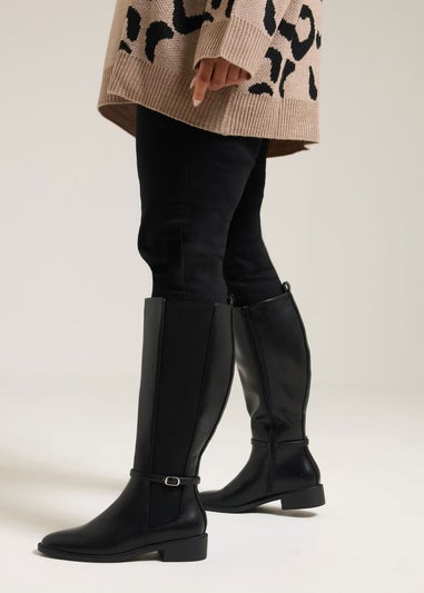 Yours Curve Black Faux Leather Buckle Knee High Riding Boots In Extra Wide Fit
