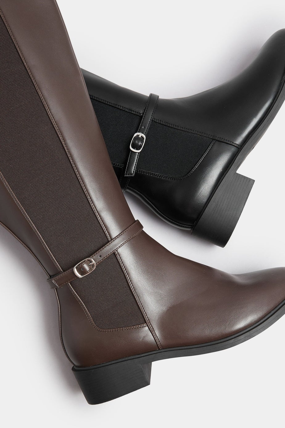 Brown Faux Leather Buckle Knee High Riding Boots In Extra Wide EEE Fit