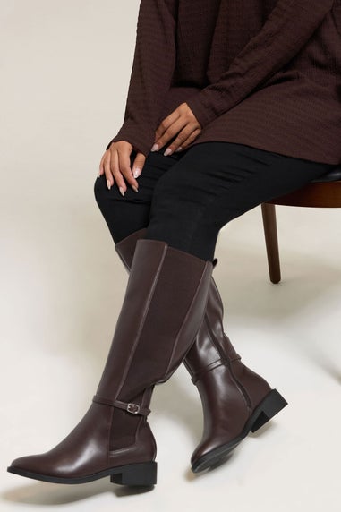 Brown Faux Leather Buckle Knee High Riding Boots In Extra Wide EEE Fit