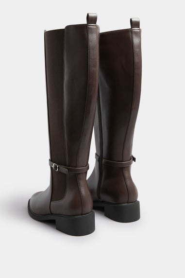 Brown Faux Leather Buckle Knee High Riding Boots In Extra Wide EEE Fit