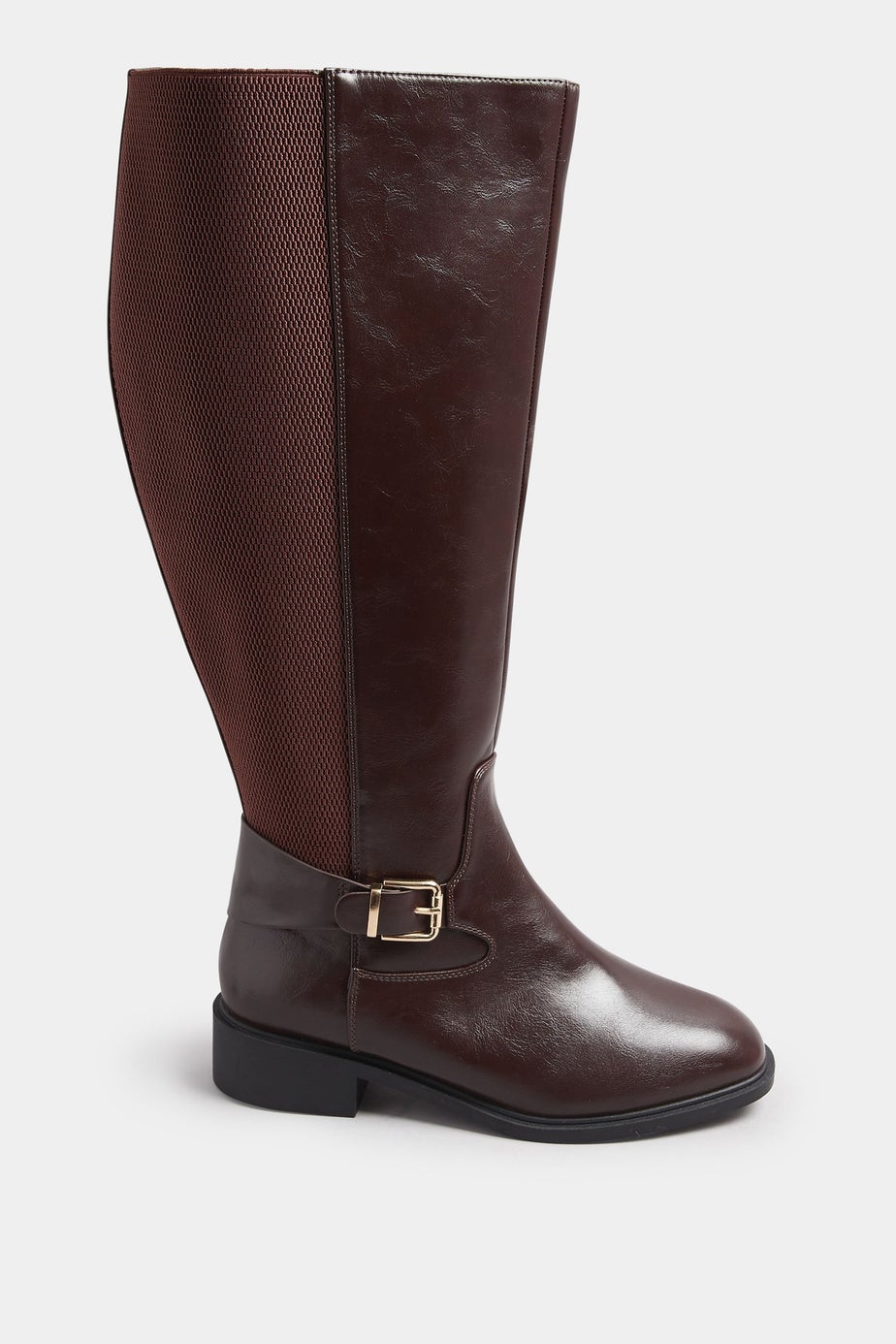 Yours Brown Buckle Detail Knee High Boots In Extra Wide Fit