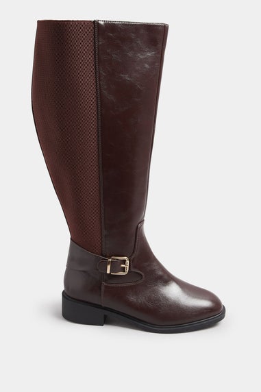 Yours Brown Buckle Detail Knee High Boots In Extra Wide Fit