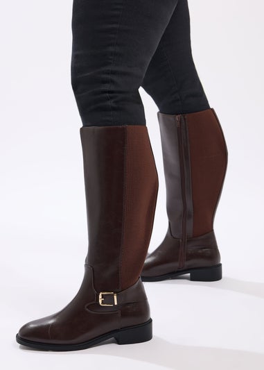 Yours Brown Buckle Detail Knee High Boots In Extra Wide Fit