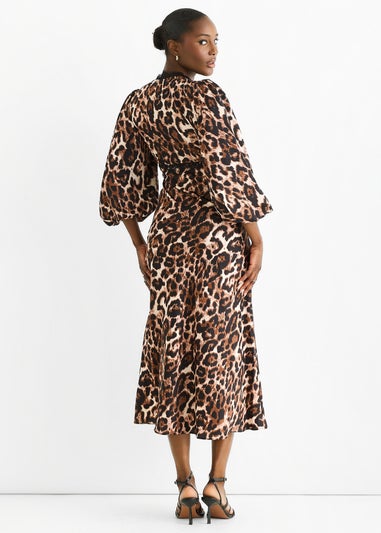 Gini London Brown Animal Lace Trim Satin Bias Midi Dress